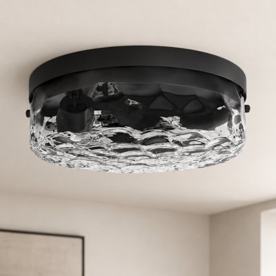 12''-3 Lights Matte Black Modern Metal And Glass Drum Dimmable Flush Mount Lighting For Bedroom