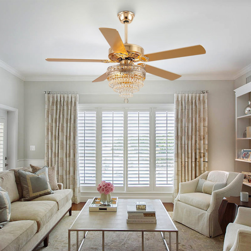 52"crystal Ceiling Fan Fandelier With Lights -gold Modern Outdoor Fans With Remote Control, Gold, Gold, 52" Wide