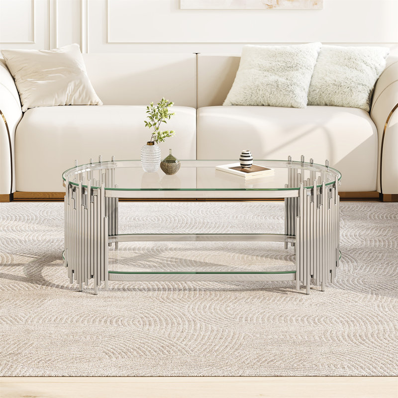 Table basse ovale avec tablettes en verre trempé à 2 niveaux, Clear / Silver