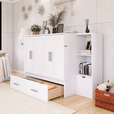 Grand lit escamotable à structure en bois avec tablettes, tiroirs et ports USB