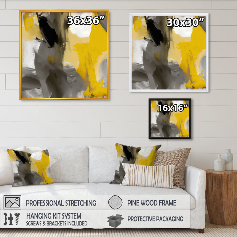 Jaune moutarde et gris vif II - reproduction sur toile, L 16 po x H 16 po, Toile avec cadre flottant noir