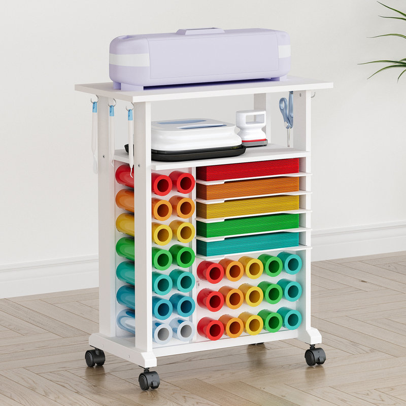 White Rolling Craft Storage Cart with Vinyl Roll Holders and Shelves