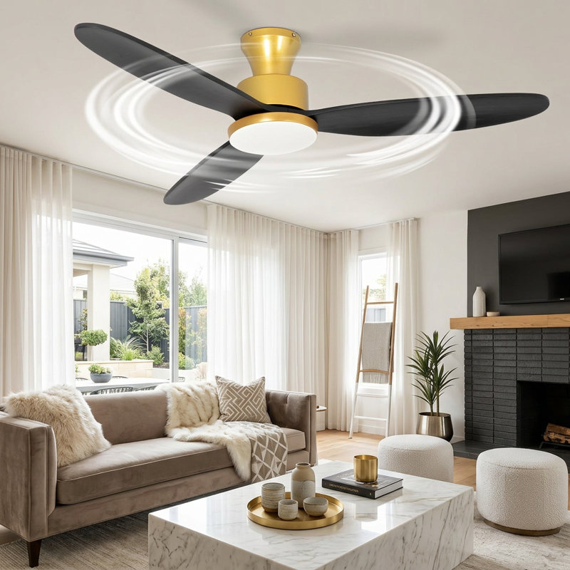 Ventilateurs de plafond à profil bas de 52 po avec lumières et télécommande, lumière DEL à intensité variable 3CCT, moteur à courant continu réversible à 6 vitesses, 3 pales en bois, minuterie, fonction mémoire, ventilateur encastré d'extérieur intérieur