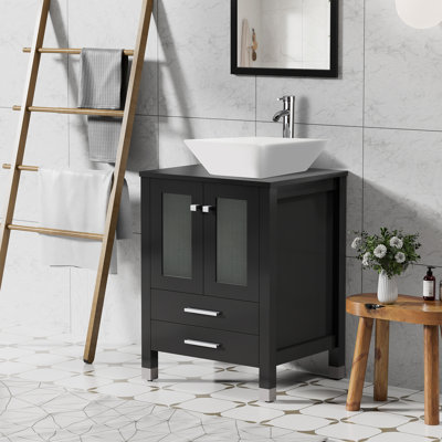 24 Single Bathroom Vanity with Wood Top, Vessel Sink, Zinc Alloy Faucet, Solid Wood Legs