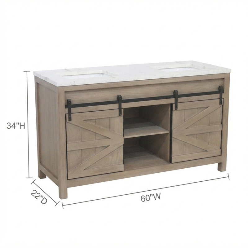 Meuble-lavabo double 60 po en bois naturel de style maison de campagne avec dessus en marbre blanc assemblé