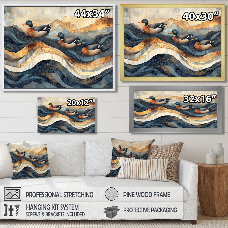 «Draizy Ducks Family At The Lake Landscape I - Duck», art mural, H 16 po x l 32 po, Toile tendue, Ne s’applique pas