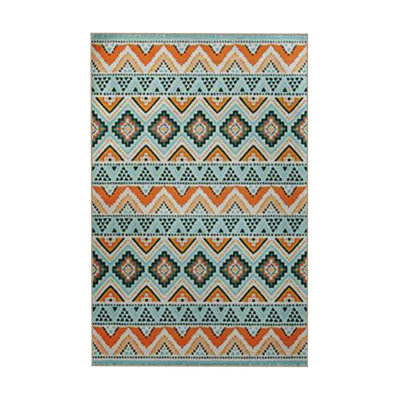 Blue Orange Geometric Ethnic Motif Vintage Decorative Washable Rug