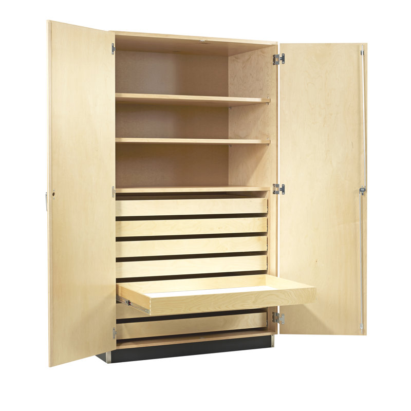 Armoire de rangement en papier pour salle de classe diversifiée, l 48 po x P 30 po x H 84 po, fabrication en bois franc clair, 2 tablettes réglables (1 fixe), 7 tiroirs, portes doubles verrouillables, finition résistante aux produits chimiques, fabriquée aux États-Unis