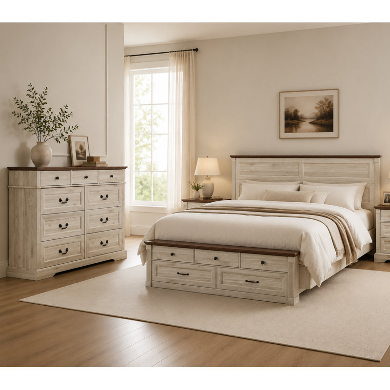 Ensemble de chambre à coucher de ferme 2 pièces Wilber, cadre de grand lit avec banc de rangement et commode à 9 tiroirs