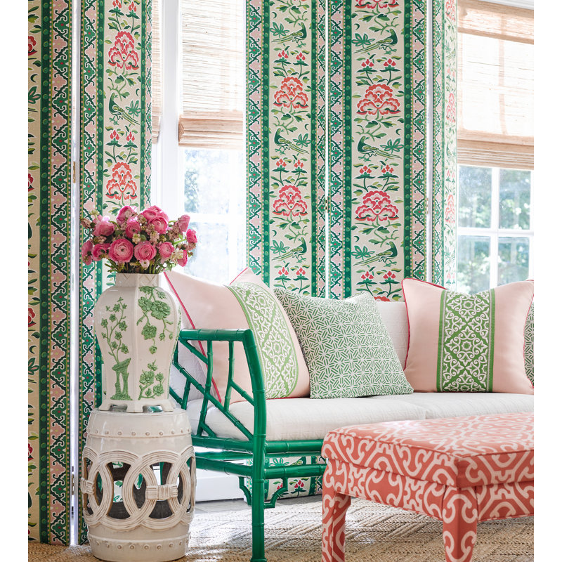 Chinois Chic Royal Peony Linen Print Fabric, Spring Green