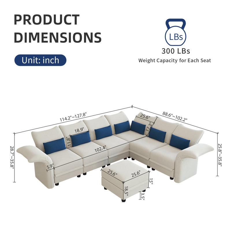 Canapé modulaire à méridienne rembourré 7 pièces Ahren, Velours beige