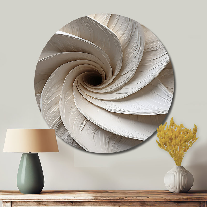 «White Minimalisme Spiral Poteries» - Art abstrait rond en métal, H 23 po x l 23 po