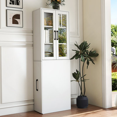 70.87" H Display Storage  Cabinet , 4 Tier Multi-Functional Pull-Out Multi-Tier Storage Shelf & 2 Glass Doors, Modern Wooden Tall Bookshelf Bookcase For Living Room Home Office