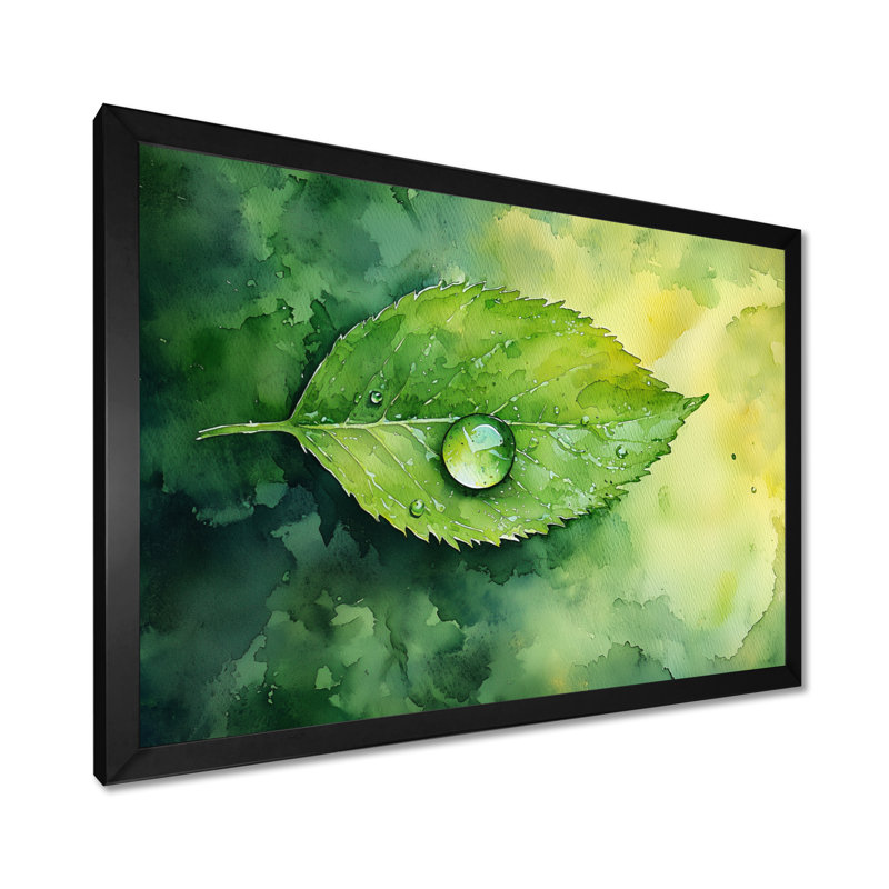 Goutte d'eau verte sur feuille II - feuilles, art mural, H 12 po x l 20 po, Reproduction encadrée d'une seule photo, Noir