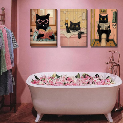 3 pièces drôles de chat noir, salle de bain, art mural, animaux éclectiques, roses