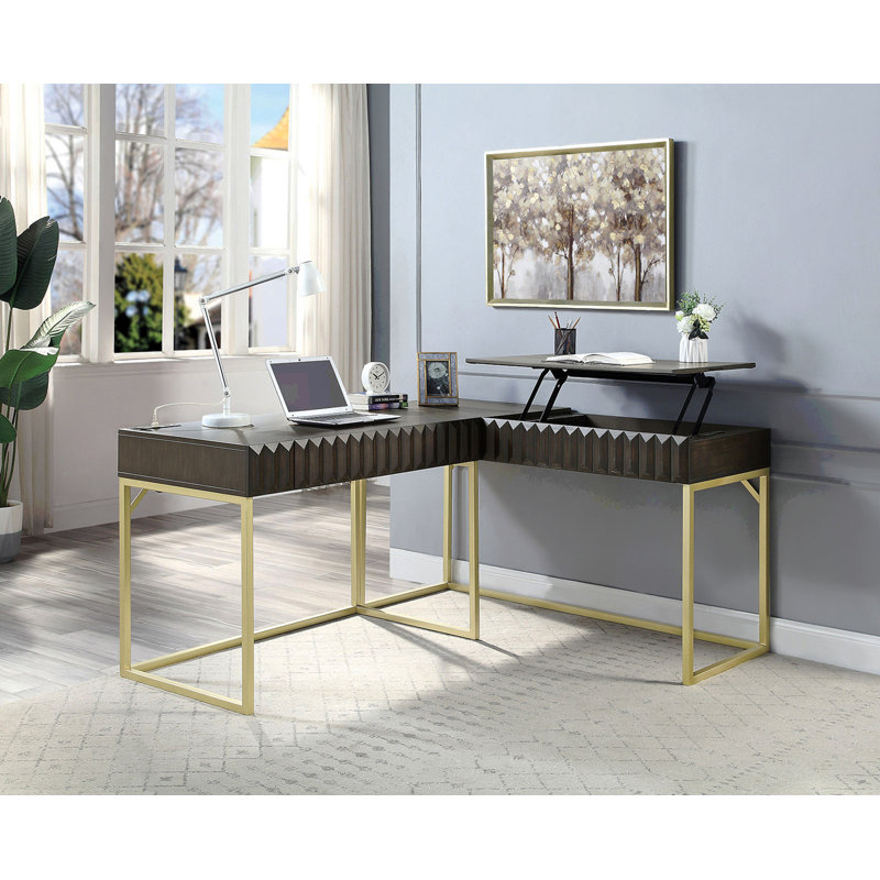 Bureau d'ordinateur transitionnel à deux tons, conception de dessus de port USB et tiroir dissimulé, Brun