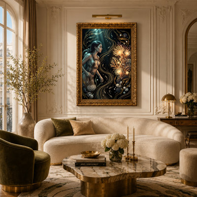 Scuba Diver Holding Pearl Net Beside Glowing Coral Reef Canvas Wall Art