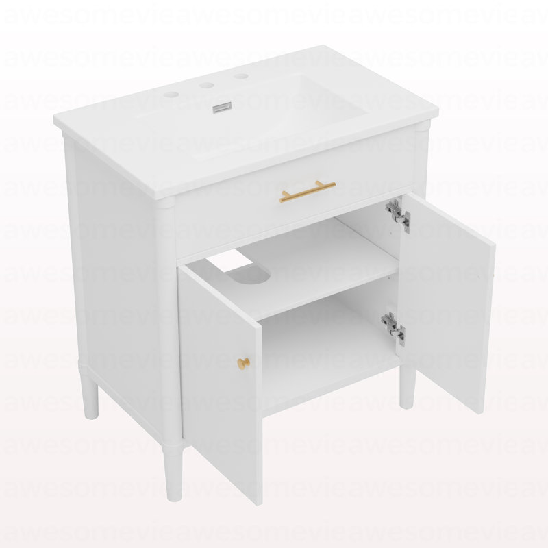 Meuble-lavabo 30 po avec lavabo, armoire de salle de bain avec portes à fermeture en douceur et tablette réglable, conception à profil courbé, pieds en bois d'hévéa, blanc