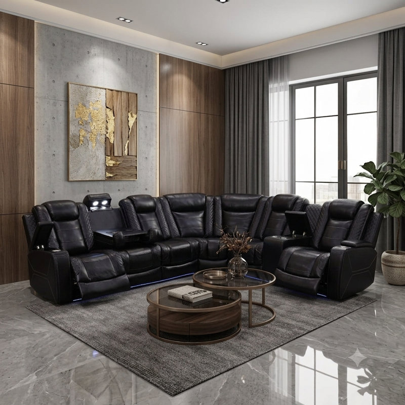 Airflow Leather 3-Piece Reclining Sofa Set With Wireless Charging & Center Console, Black Faux Leather