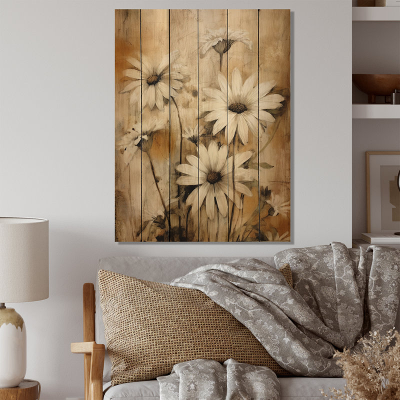 Fleur de marguerites brunes rétro I sur bois, H 20 po x l 10 po x P 0,78 po
