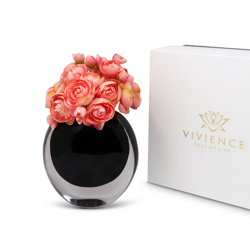 Vase en verre à double paroi avec intérieur et fleurs roses, 5,25 po, Noir