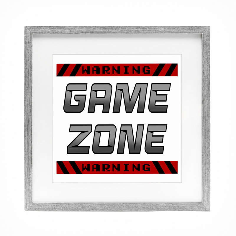 Game Zone Warning Framed Print Under Glass, design by Marcus Prime, 16" H x 16" W, Farmhouse Gray Under Glass Framed