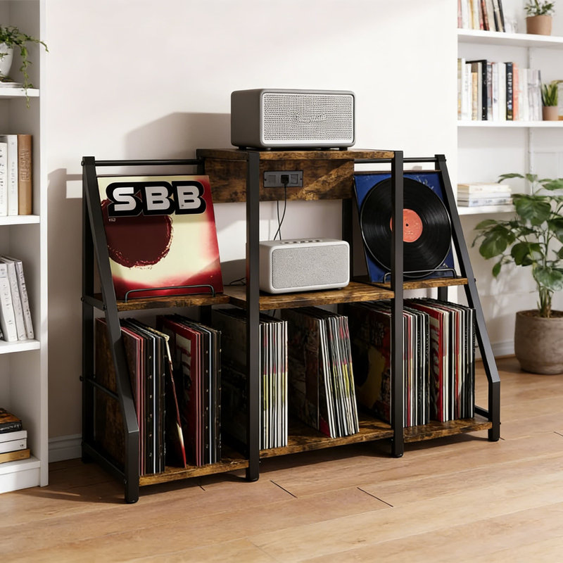 Record Player Stand With Power Outlet And LED Light, Vinyl Record Storage Cabinet Holds Up To 300 Albums, Multi-Tier Media Shelf For Turntable, Books, And Magazine Display