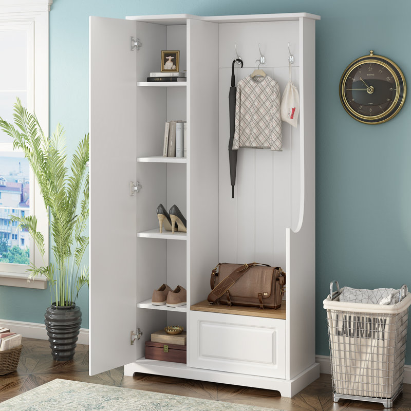 Porte-manteau de 91 cm avec banc de rangement rabattable, meuble à chaussures d'entrée avec étagères réglables et patères, blanc