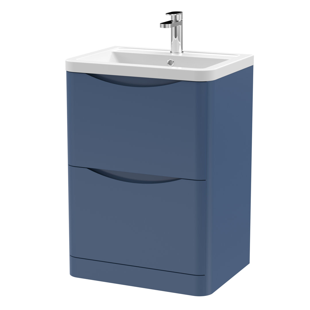 Nuie 600mm Floor Standing Vanity Unit & Basin - Satin Blue - 2 Drawer - Ceramic Basin - Image 2