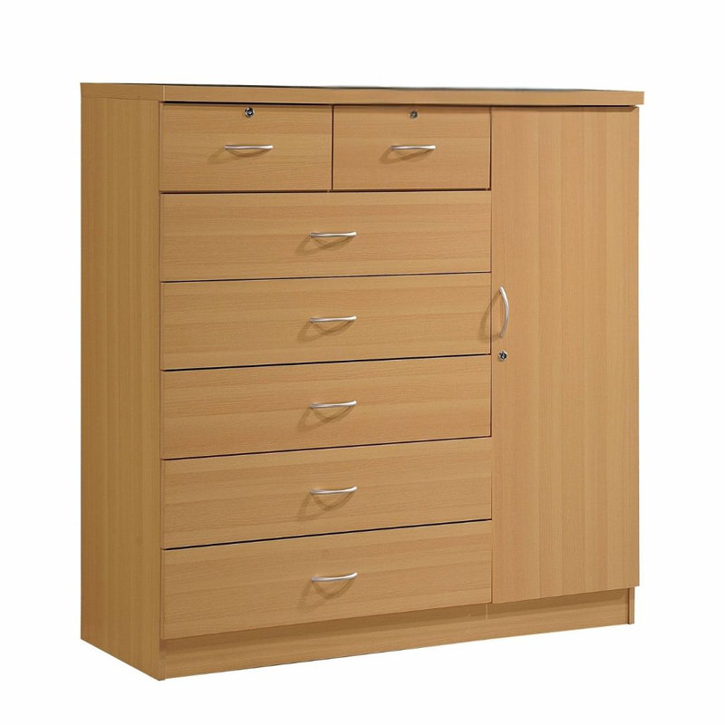 7-Drawer Dresser 47-inch Wide Wood Chest with 2-Locking Drawers, 1-Locking Door, 3-Shelves and Clothing Rod for Bedroom Storage