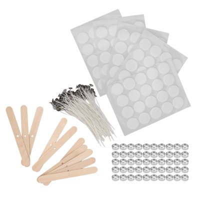 100 mèches de bougie de 15 cm, 100 autocollants double face pour mèches, 50 coquillages, 10 supports en bois (coque en aluminium de 14 g avec autocollant blanc au fond).