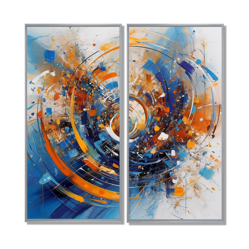 «Blue and Orange Space» - Art mural sur toile traditionnel orange 2 panneaux, H 32 po x l 32 po, Argent argent