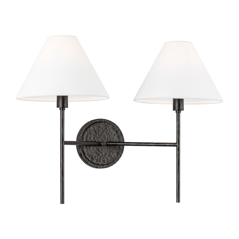 Chapman & Myers Ridgewood Bathroom Bedroom Wall Fixture With White Linen Shade, 14.25" H x 19" W x 9.375" D, Aged Iron