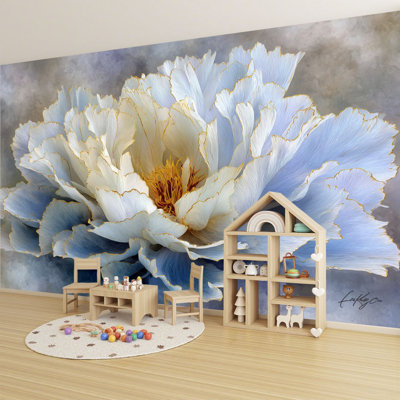 Papier peint adhésif pelucheux et pivoines bleu marine, grandes pivoines métalliques dorées, filigrane, aquarelle, feuilles murales, H 69 po x l 96 po, amovible, papier peint mural en PVC, autocollant, pour chambre à coucher, bureau à domicile