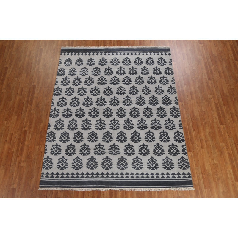 Tapis unique en laine noué à la main gris / noir nouvel âge 8 pi x 9 pi 10 po