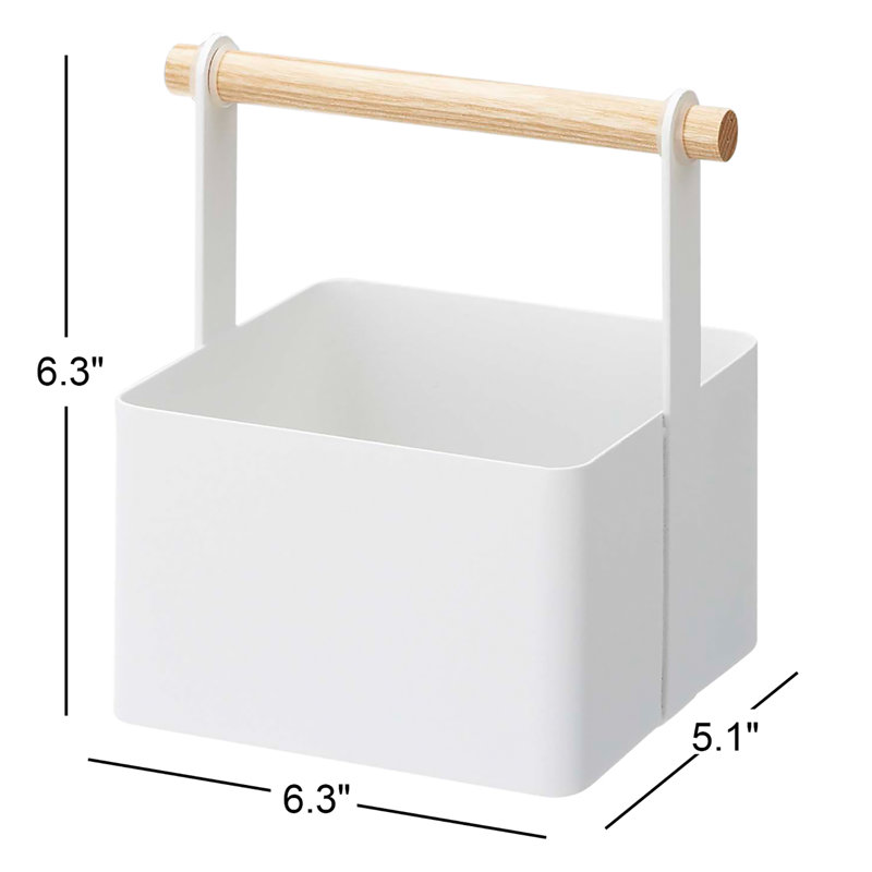 Yamazaki Home Tosca Storage Basket - Wood Handle Organizer - Steel + Wood, 6.3" H x 6.3" W x 5.1" D