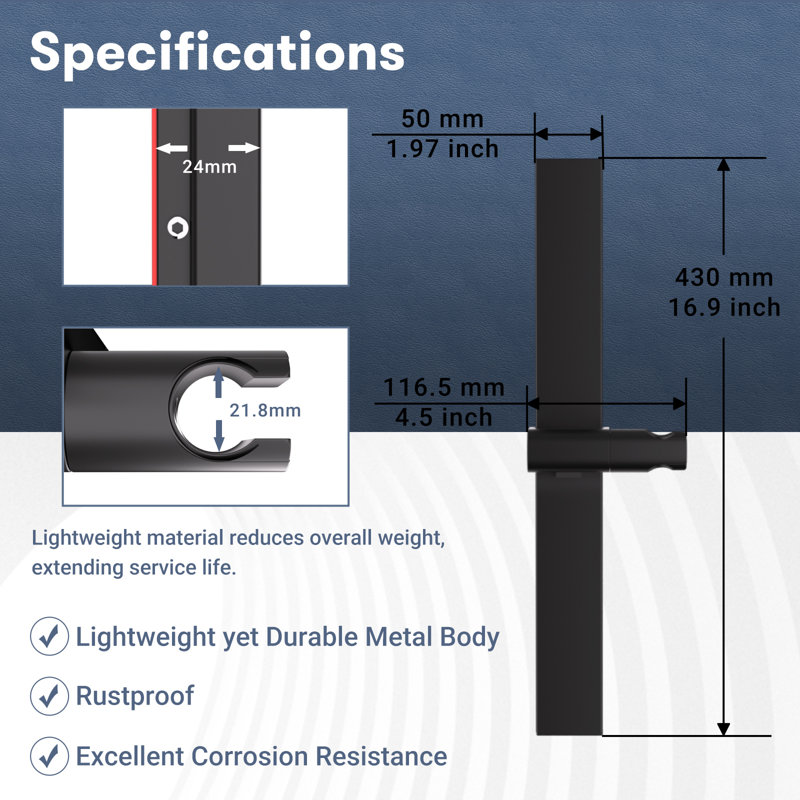 DETBOM Self-Adhesive Shower Riser Rail, Shower Rail Without Drilling, Wall Mounted Shower Rail, Height and Angle Adjustable 120°, Adhesive or Screw Mounting, 43cm(16.93"), Matte Black