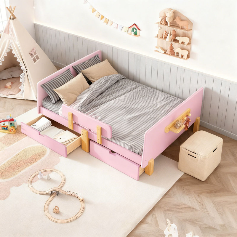 Lit plateforme avec tiroirs de rangement, structure de lit en bois massif avec garde-corps, petite tablette et crochets, Rose