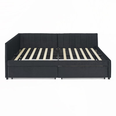 Upholstered Tufted Bed Frame with Two Drawers, Sofa Bed Frame with Comfortable Backrest and Armrests