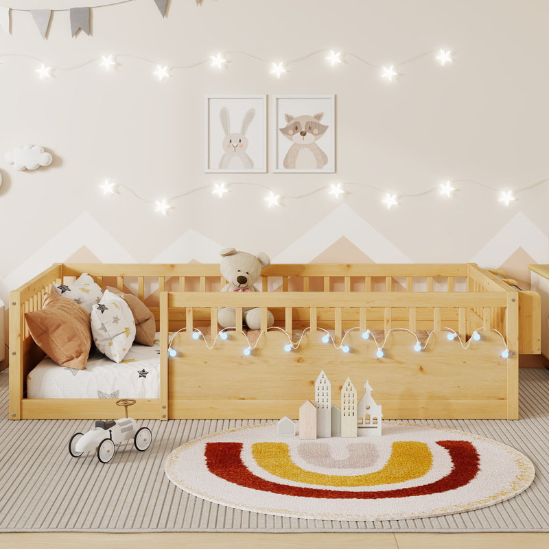  Twin Floor Platform Bed, Side Storage Shelf and LED Light with Wooden Frame for Bedroom and Guest Room, Natural, Twin, Beige