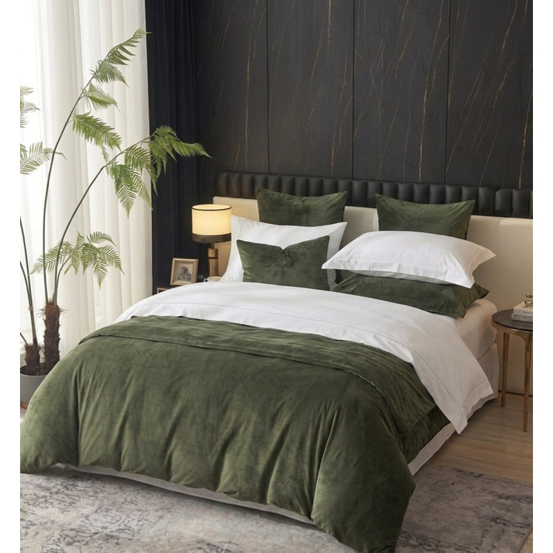 Ensemble de couette en velours de luxe 9 pièces - Vert olive foncé, format Queen, Grand lit