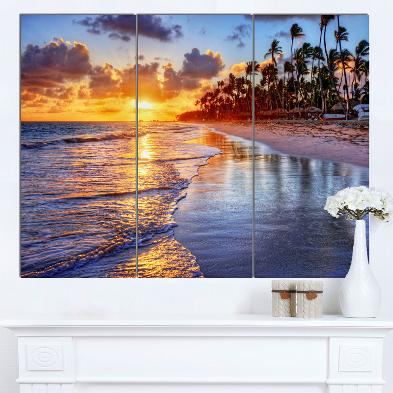 Sunset Beach Coastal Canvas Print in 3 Panels
