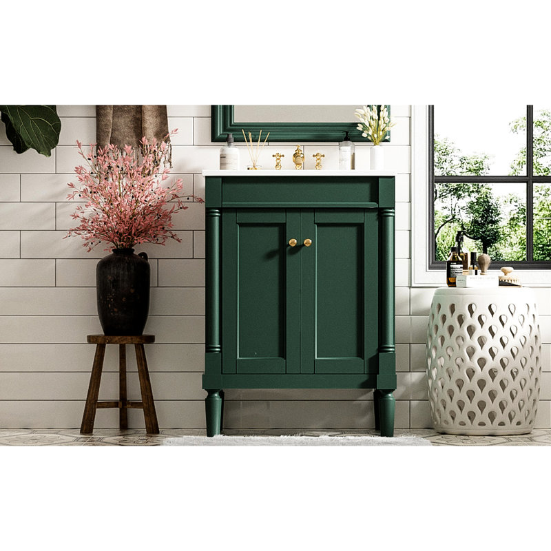 Meuble-lavabo de salle de bain 24 po avec lavabo en céramique. Moderne. Cadre en bois massif. Tableaux. Grand rangement. Blanc. Armoire à poignée exquise de style moderne. Bassin. Poignée. Charnières. Compatible avec un robinet de 4 po