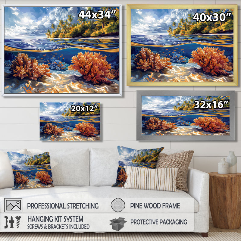 Impression d'art mural brun et bleu grande barrière de corail III - corail, H 30 po x l 40 po, Toile tendue