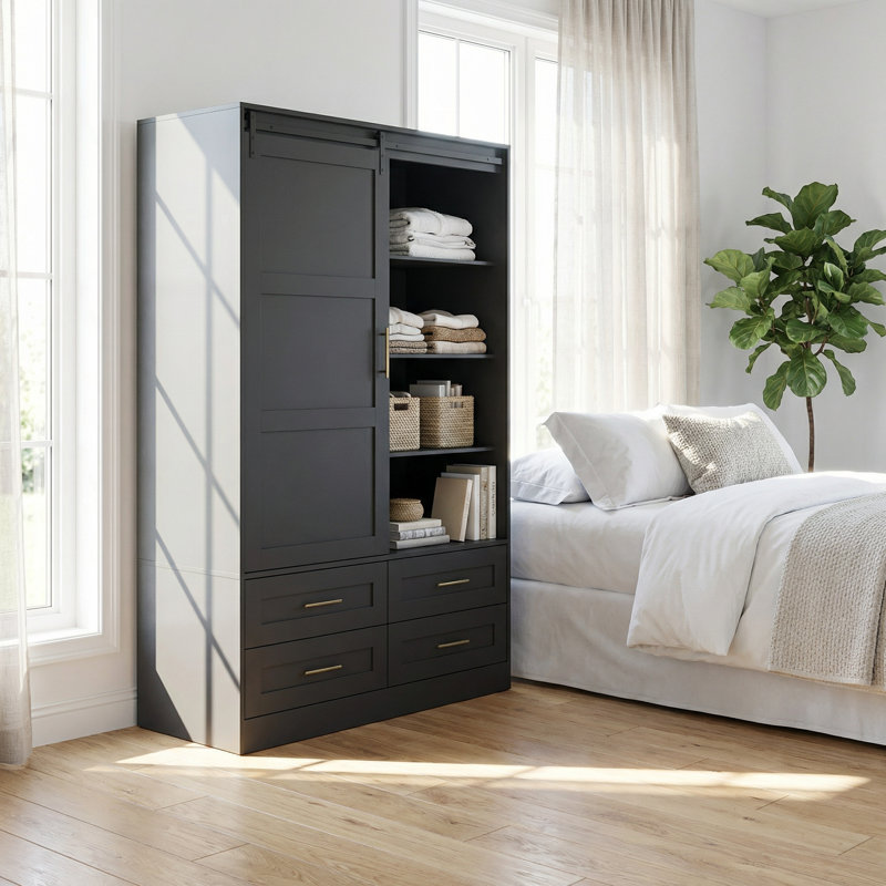 Armoire haute pour chambre avec tringle, tiroirs et tablettes ouvertes pour le rangement des vêtements