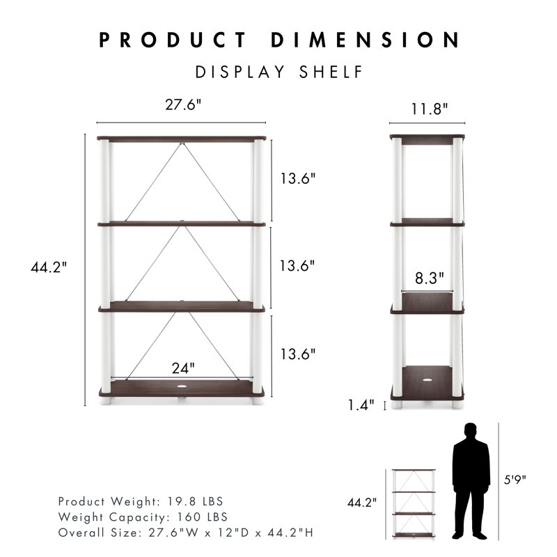 Terzenbach Wide Storage Shelving, (4 Shelves) 44.17"H x 27.55"W x 12"D, Espresso