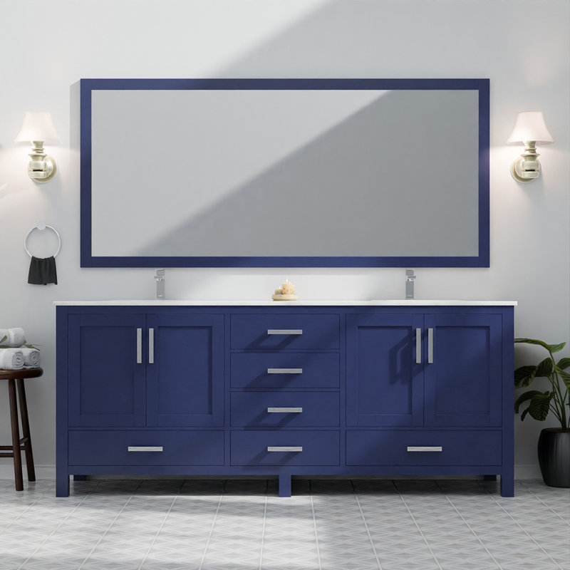 Meuble-lavabo double l 80 po x P 22 po, comptoir en marbre de Carrare et miroir de 30 po, Marine