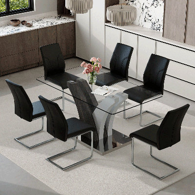Ensemble de table de salle à manger rectangulaire de 63 po pour 6 personnes, comprenant un plateau en verre et des chaises en cuir. Cet ensemble de salle à manger en verre de 7 pièces convient aux maisons, aux restaurants et aux espaces de bureau.