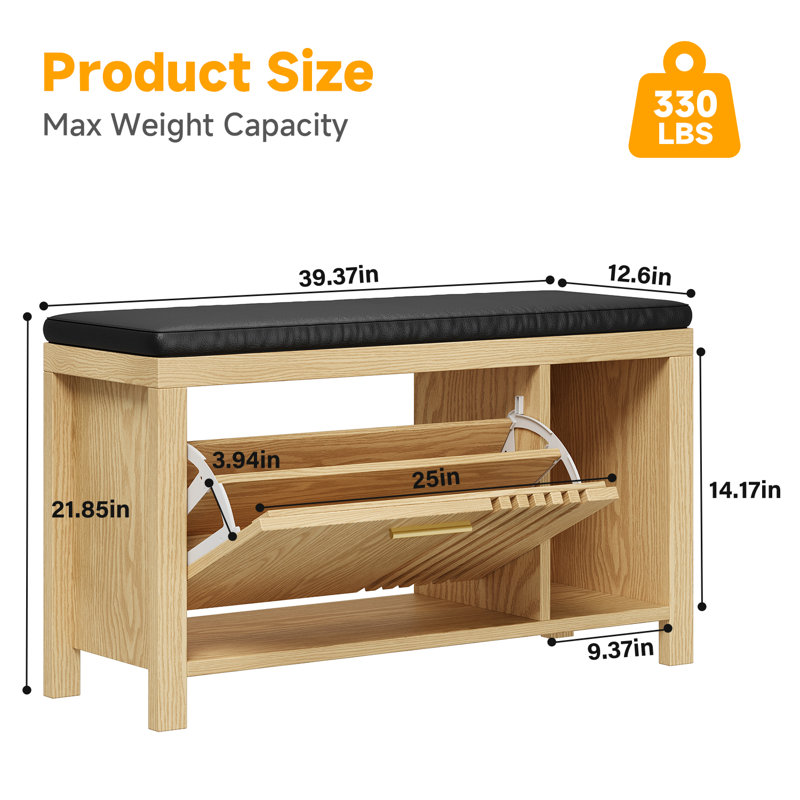 40" Shoe Storage Bench With Flip Drawers & Padded Seat Cushion, Open Compartments & Slatted Doors, Entryway Bench With Shoe Storage For Entryway, Hallway, Living Room, Bedroom, Natural