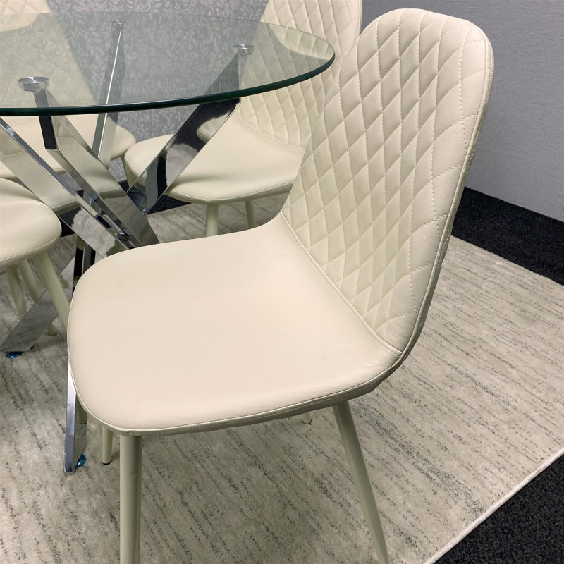 Maya Round Glass Dining Table with 4 Gem Chairs Chrome Finish, Cream
